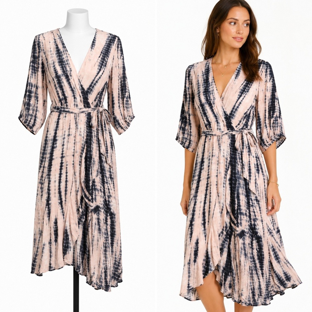 Young Fabulous Broke‎ Wrap Dress Small Asymmetric Hem Tie Dye Casual Pink Black